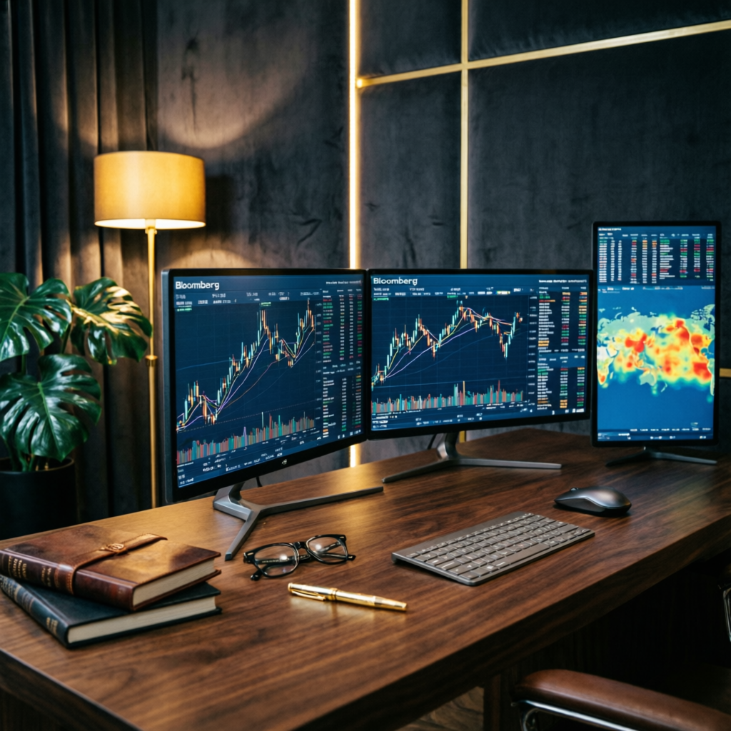 Professional forex trader workspace with multiple monitors showing trading charts
