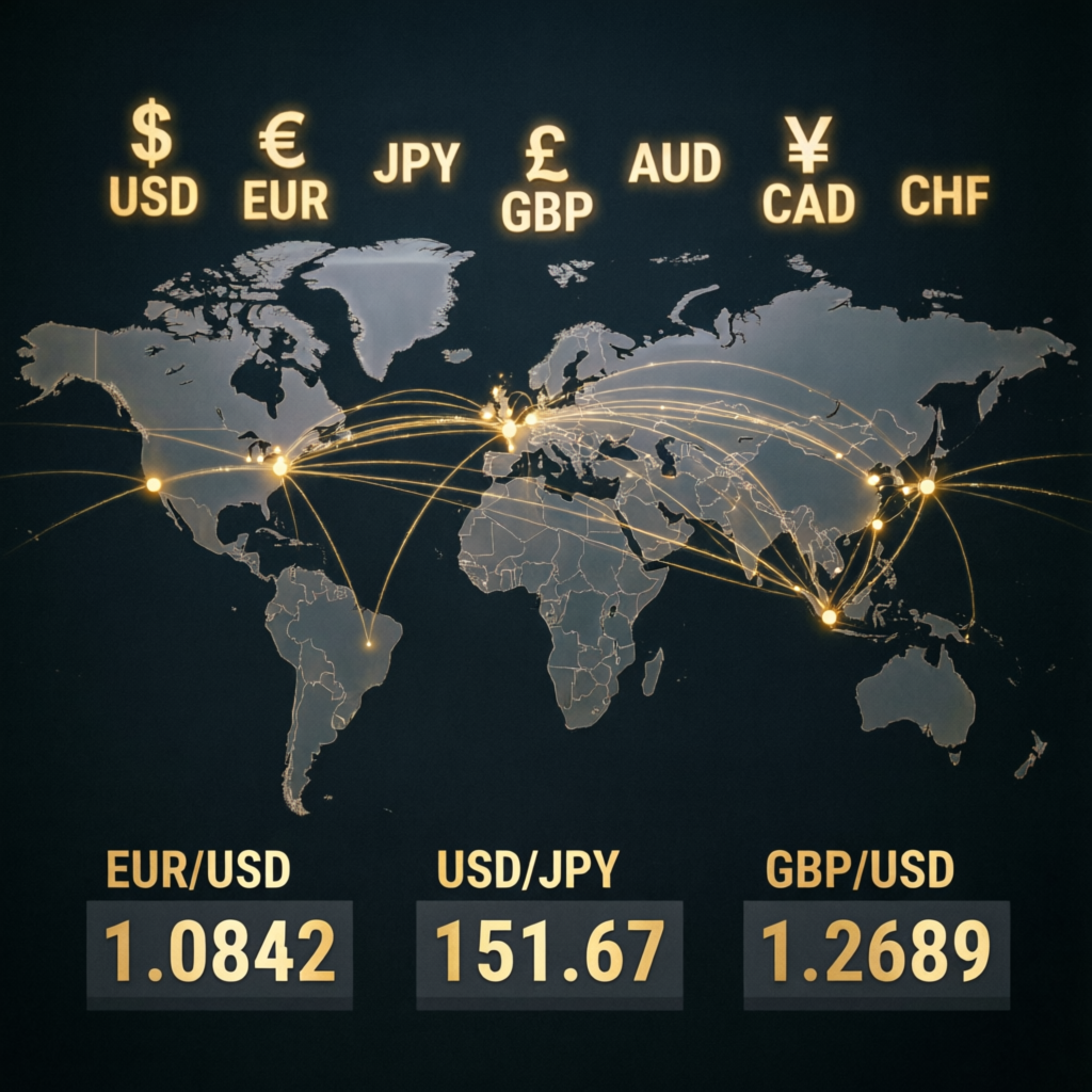 Global forex and futures markets with currency symbols and world map