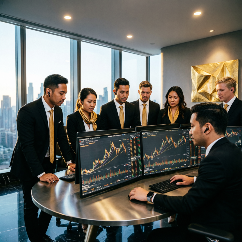 Professional team of prop firm traders collaborating on funded account management