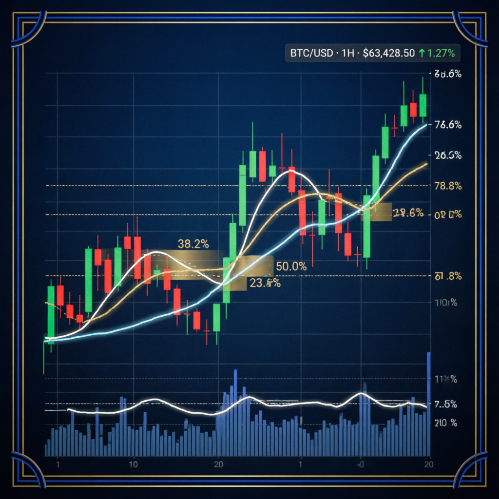 Advanced technical analysis chart with Fibonacci retracements and moving averages