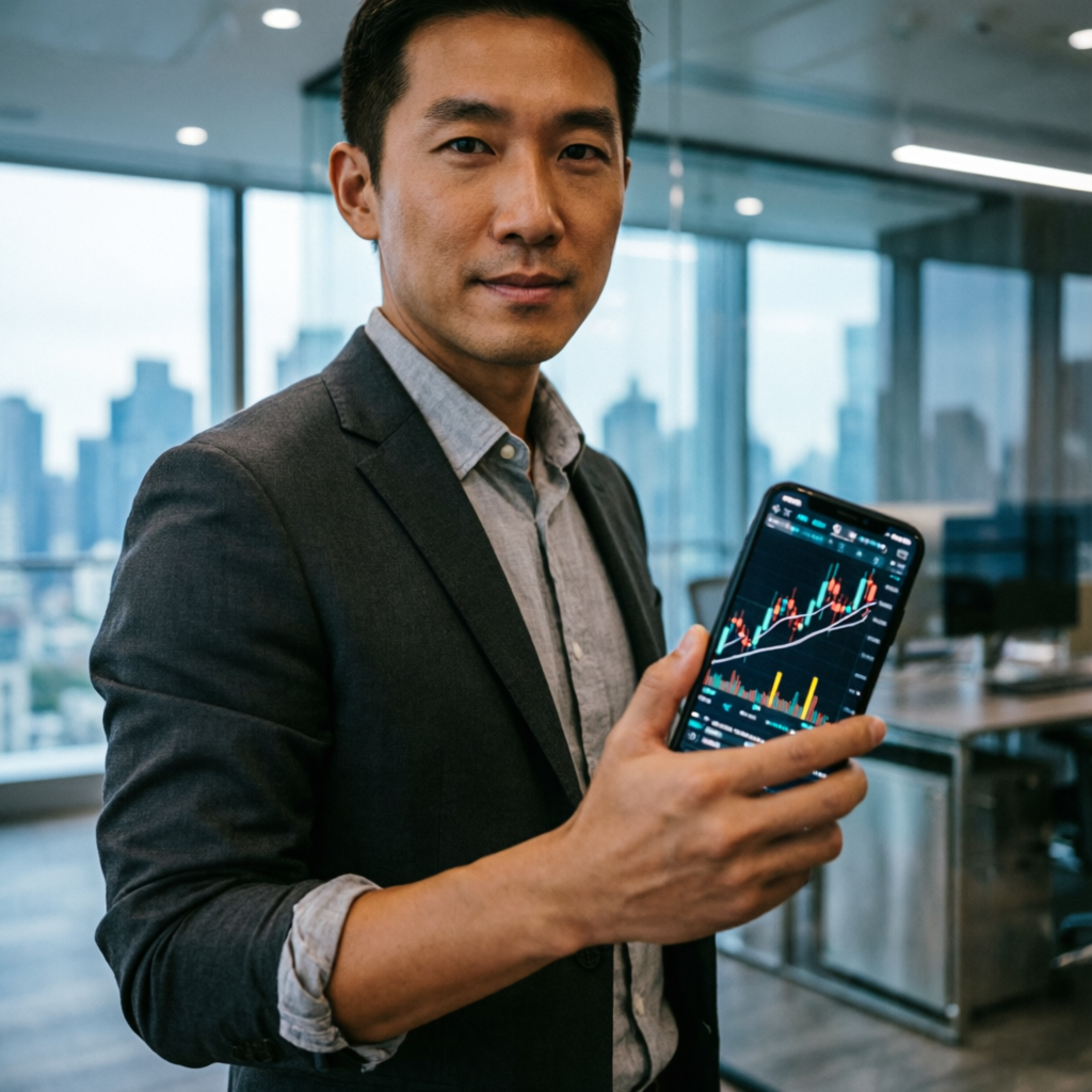 Professional trader using mobile phone for futures trading