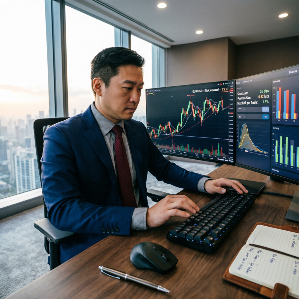 Professional trader implementing risk management strategies on trading dashboard