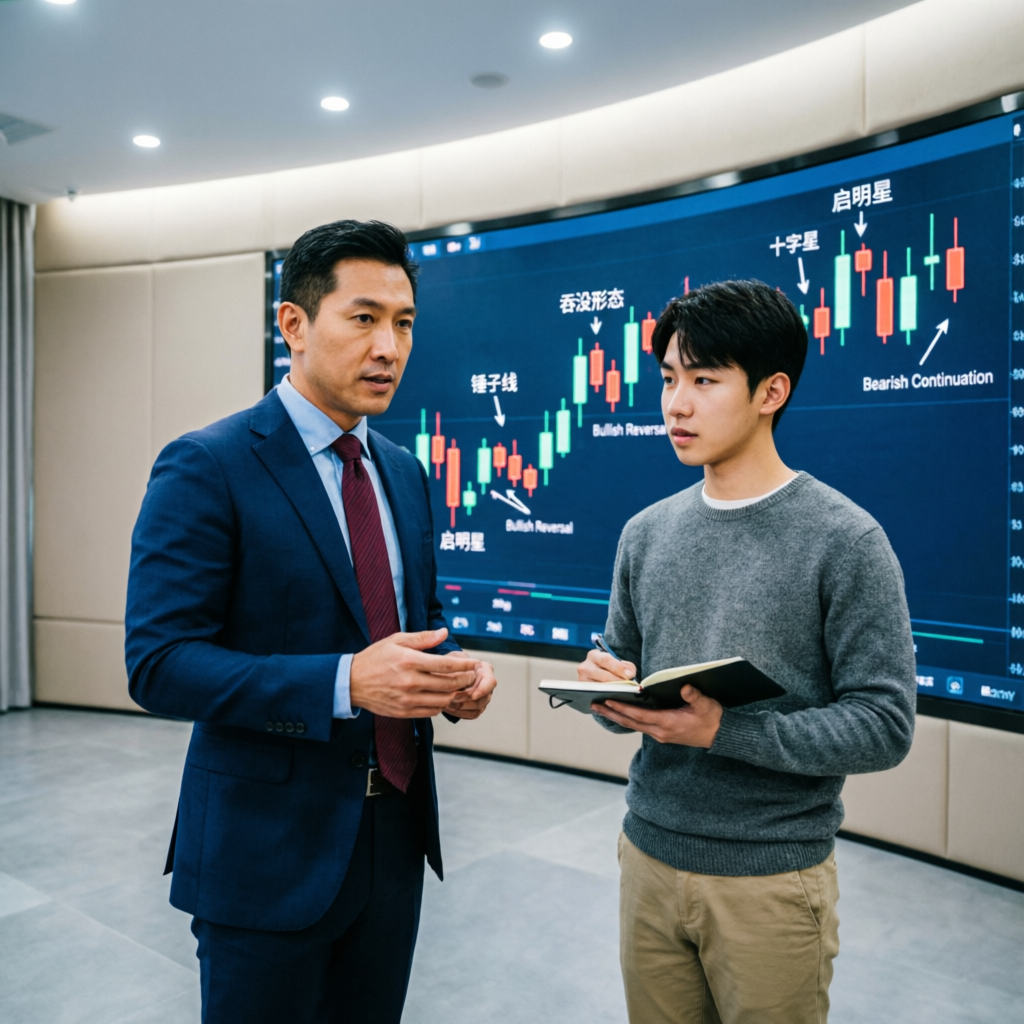 Professional trading mentor teaching candlestick patterns to student