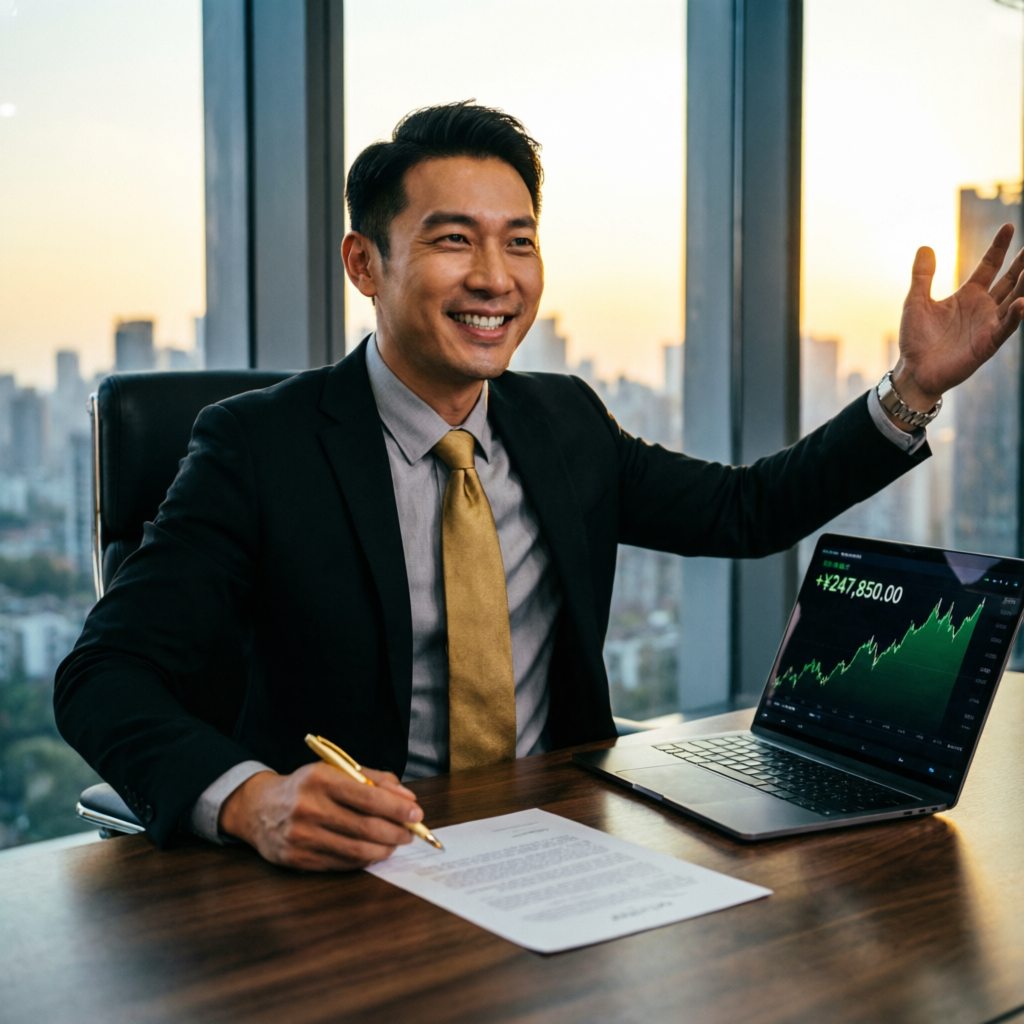 Successful trader celebrating funded account payout with profit charts