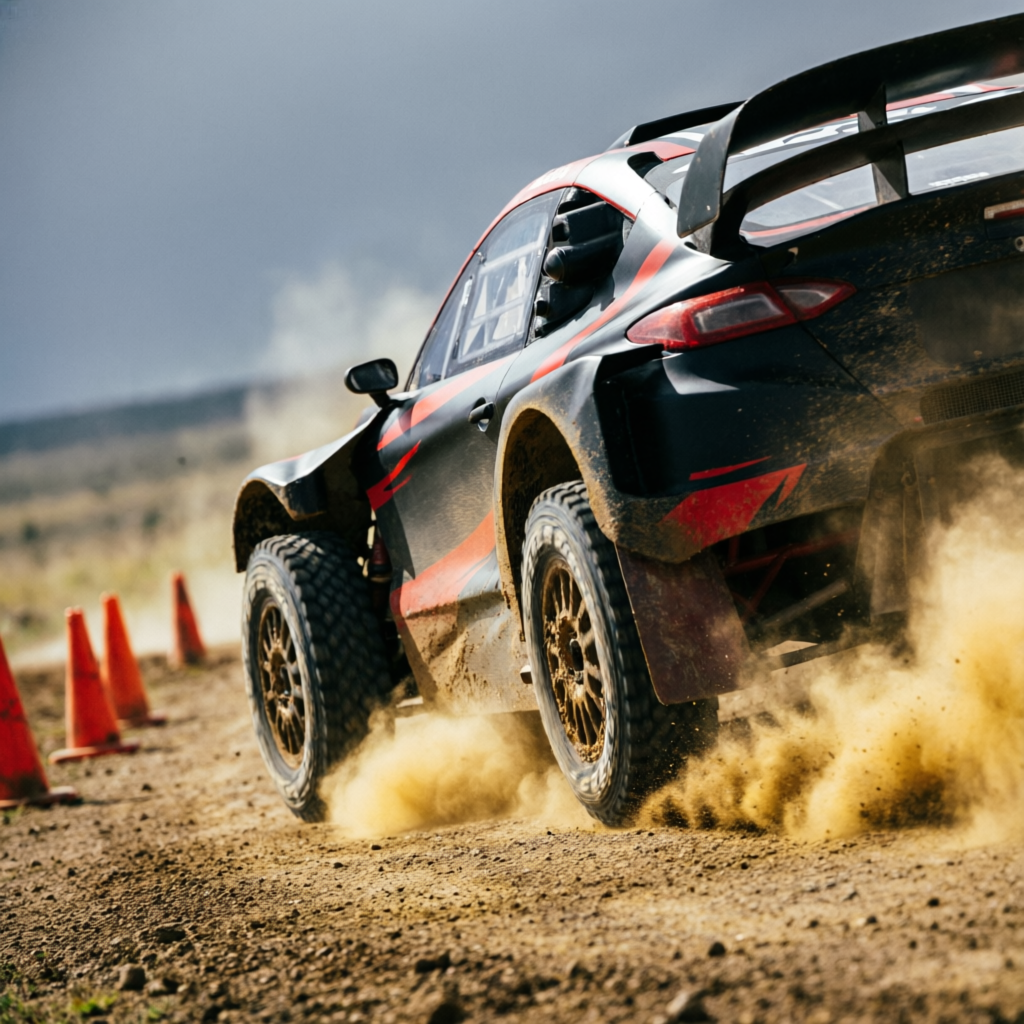 Auto de autocross derrapando entre conos