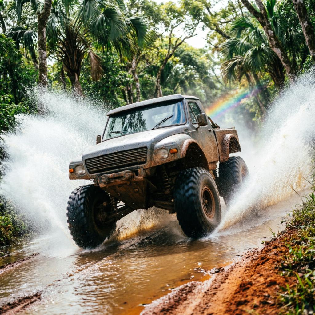 Camioneta 4x4 cruzando un arroyo levantando agua
