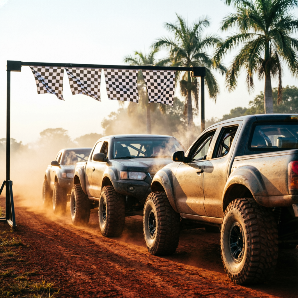 Largada de competencia off road con camionetas 4x4 alineadas bajo banderas a cuadros