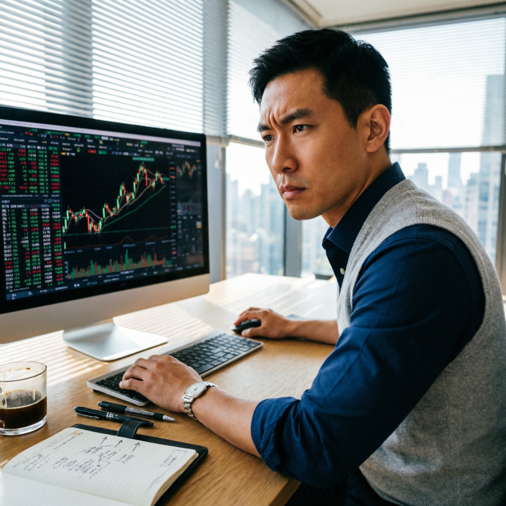 Professional trader analyzing futures market data on computer while working through Topstep Trading Combine