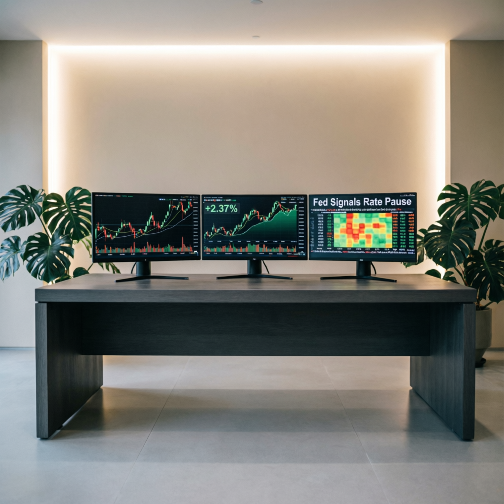 Professional trading desk setup with multiple monitors showing financial charts - Topstep trading environment