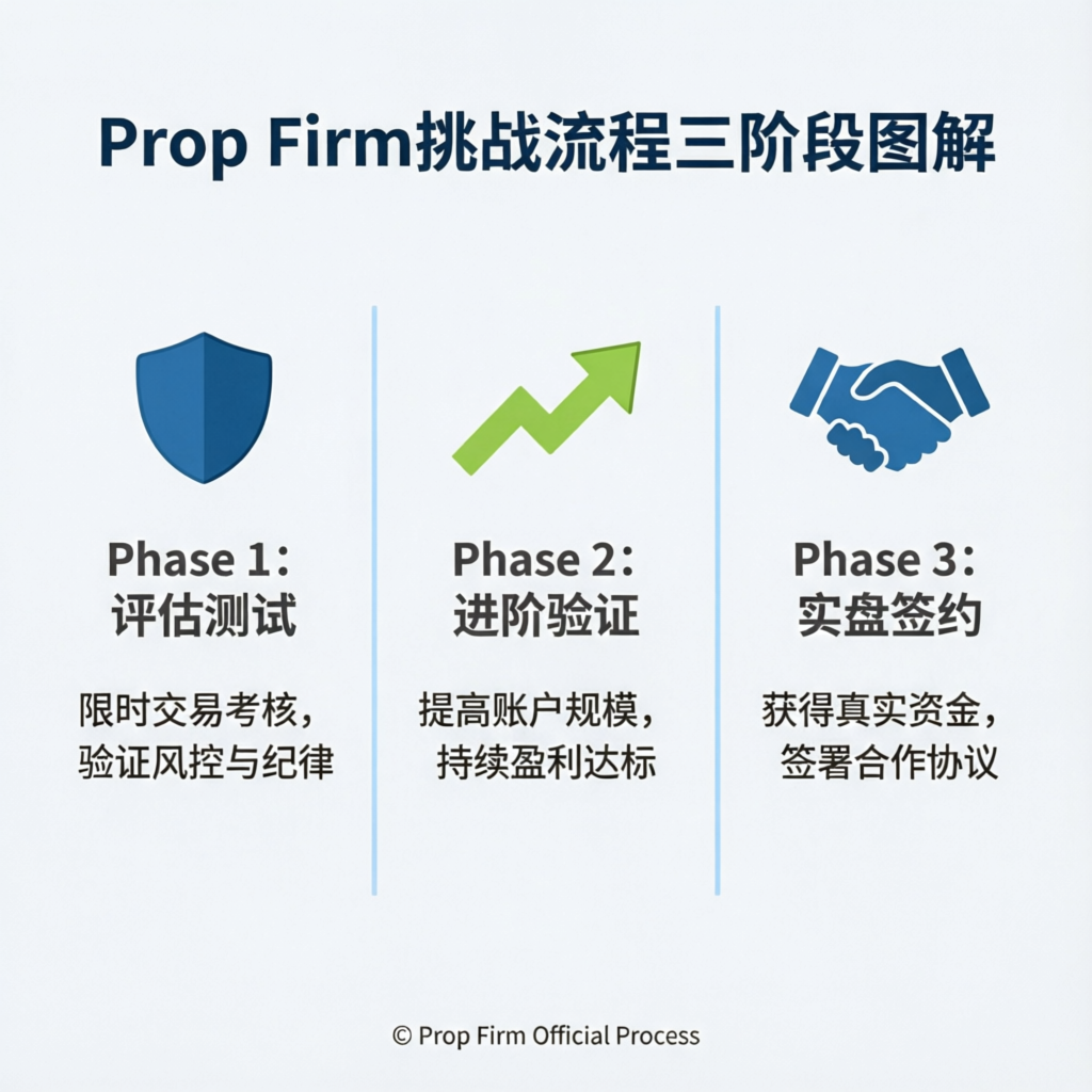 Prop firm challenge process three phases: evaluation test, verification, and live account signing