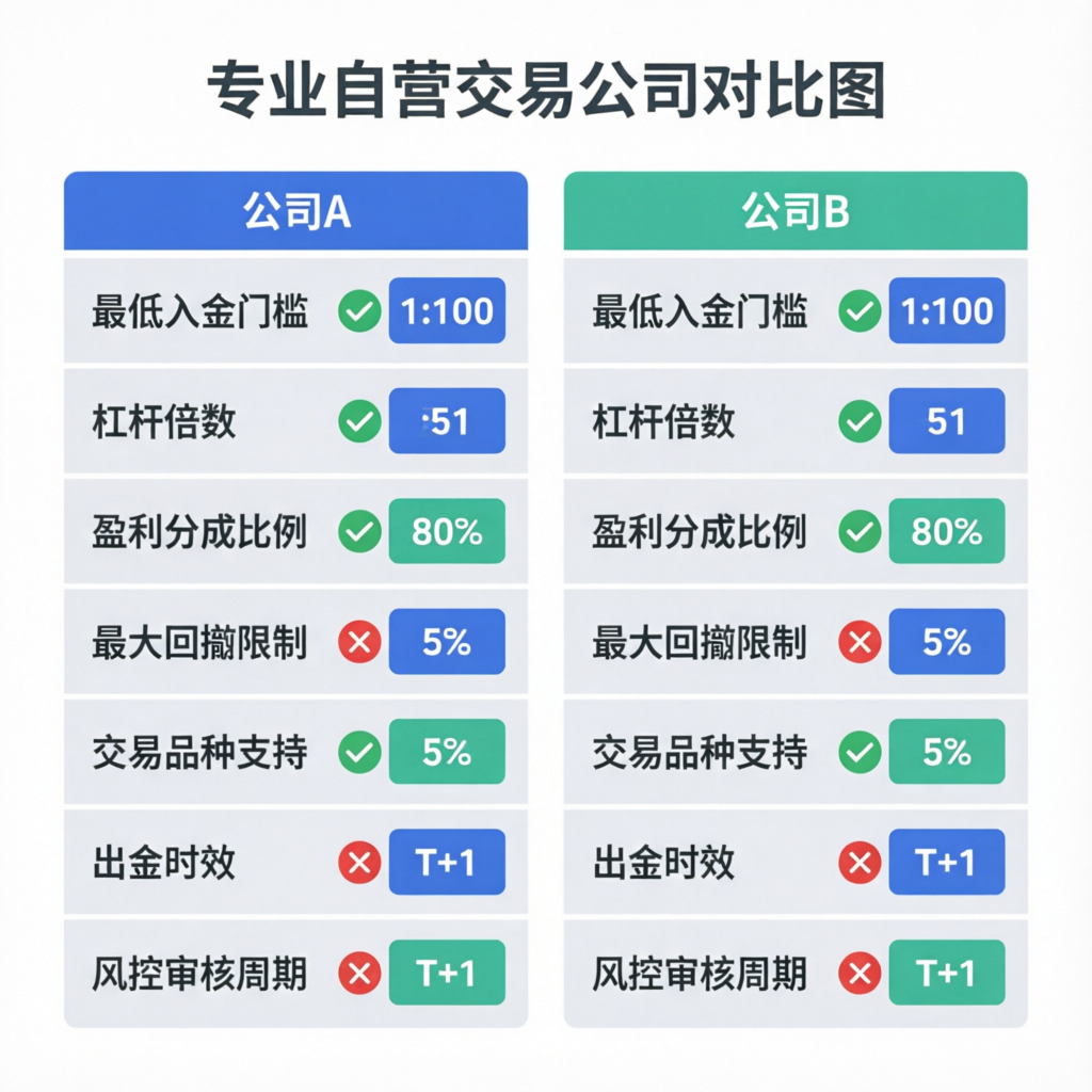 Professional prop trading company comparison chart showing features and metrics between different firms