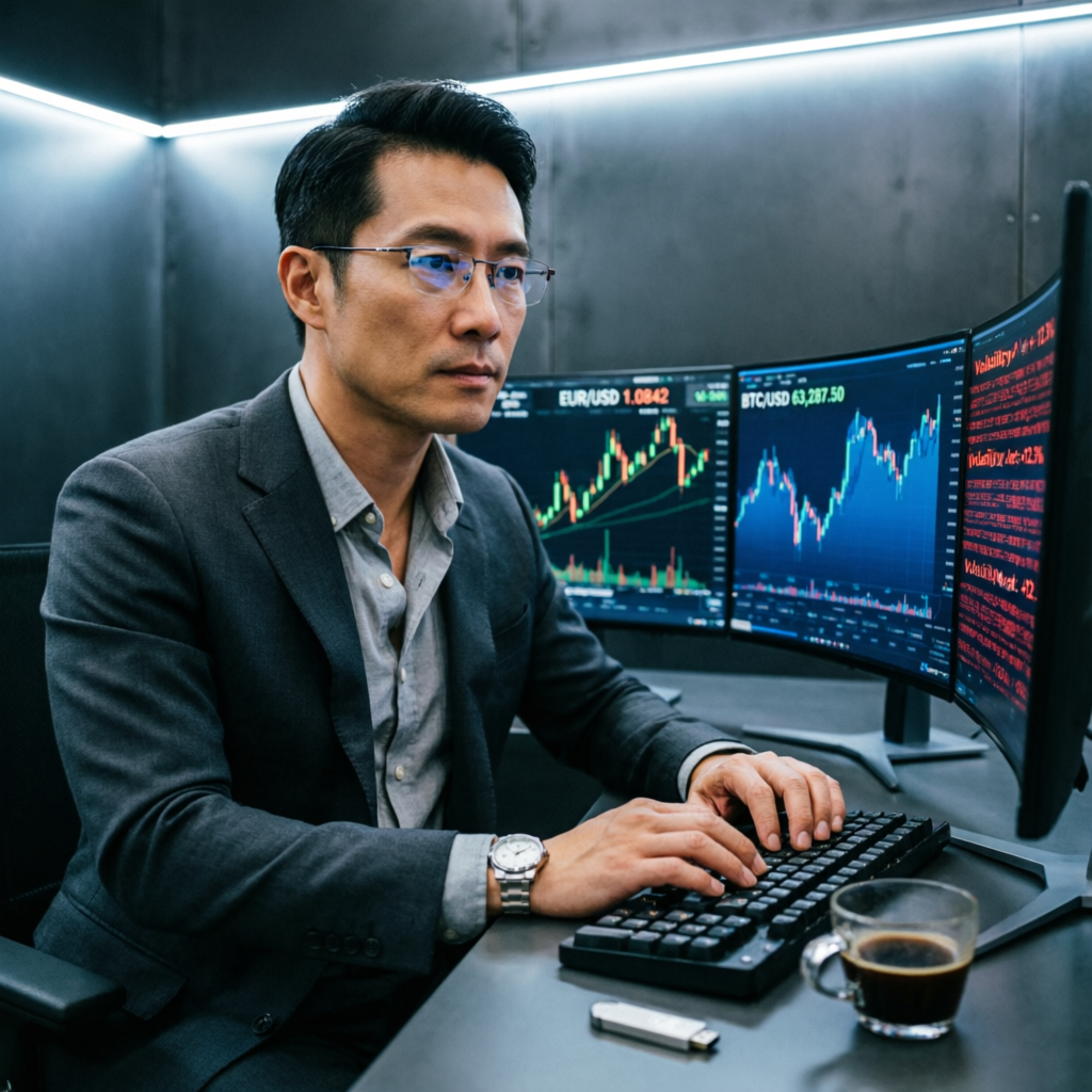 Professional forex trader analyzing Topstep futures charts on multi-monitor setup