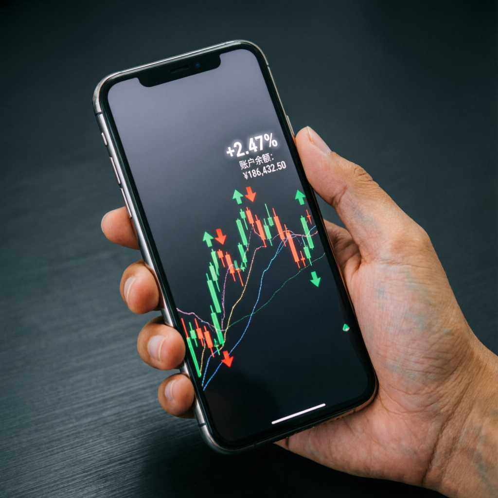 Mobile trading app showing live charts and profit indicators