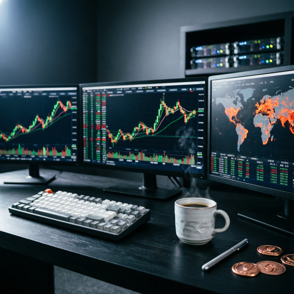 Professional trading desk with multiple monitors showing futures charts