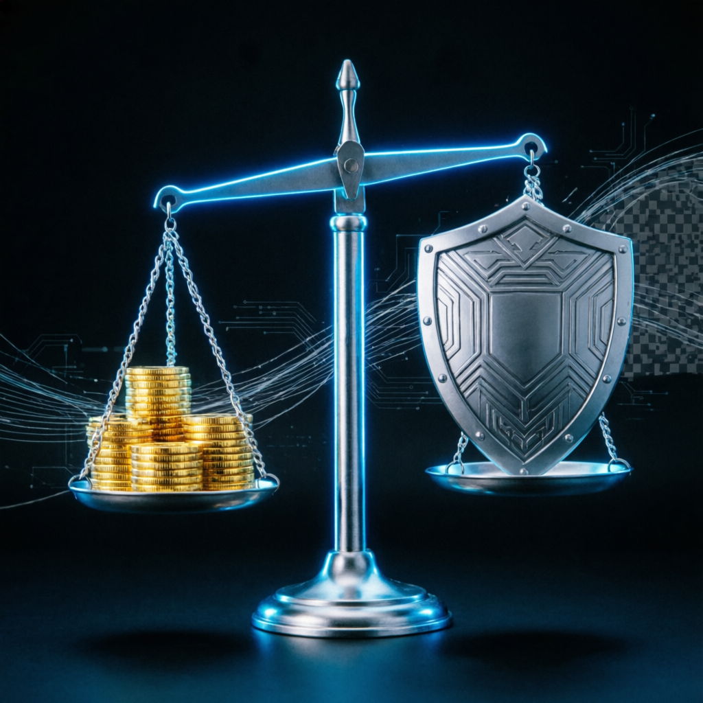 Risk management concept with balance scale showing gold coins and shield