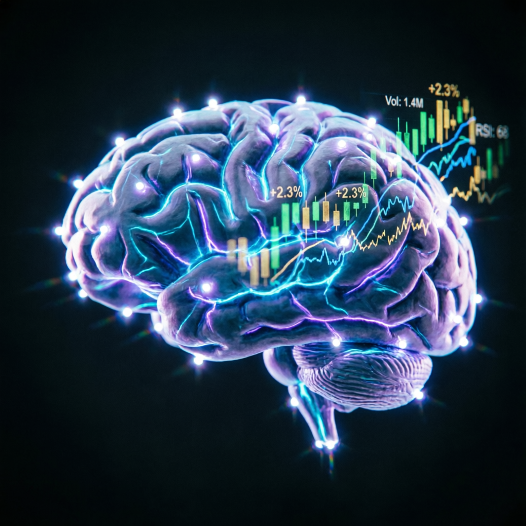 Trading psychology concept with brain and financial chart overlay