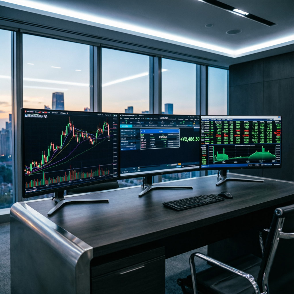Professional prop firm trading setup with multiple monitors showing forex charts and trading platforms - PFM Capitals