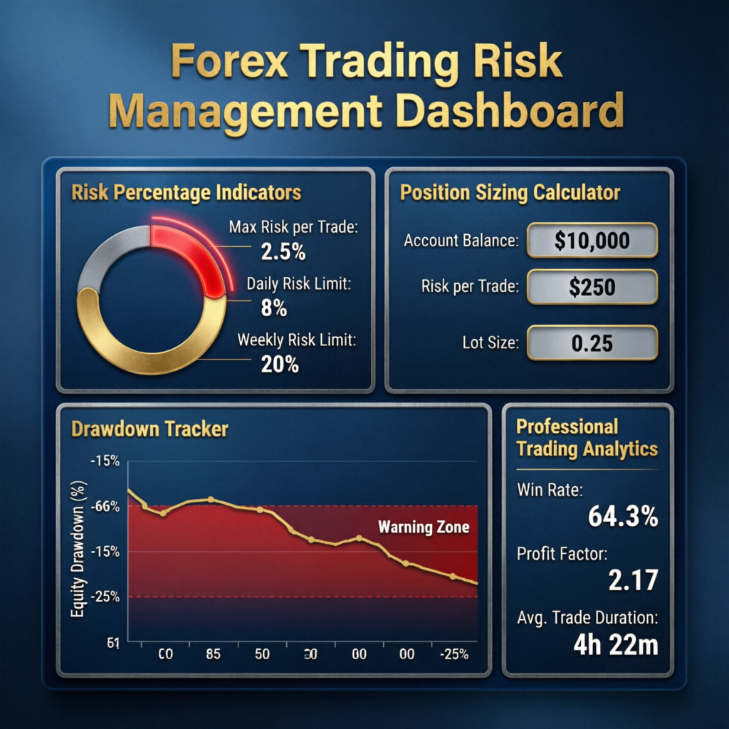 Forex trading risk management dashboard showing risk percentage indicators and drawdown tracker - PFM Capitals risk management