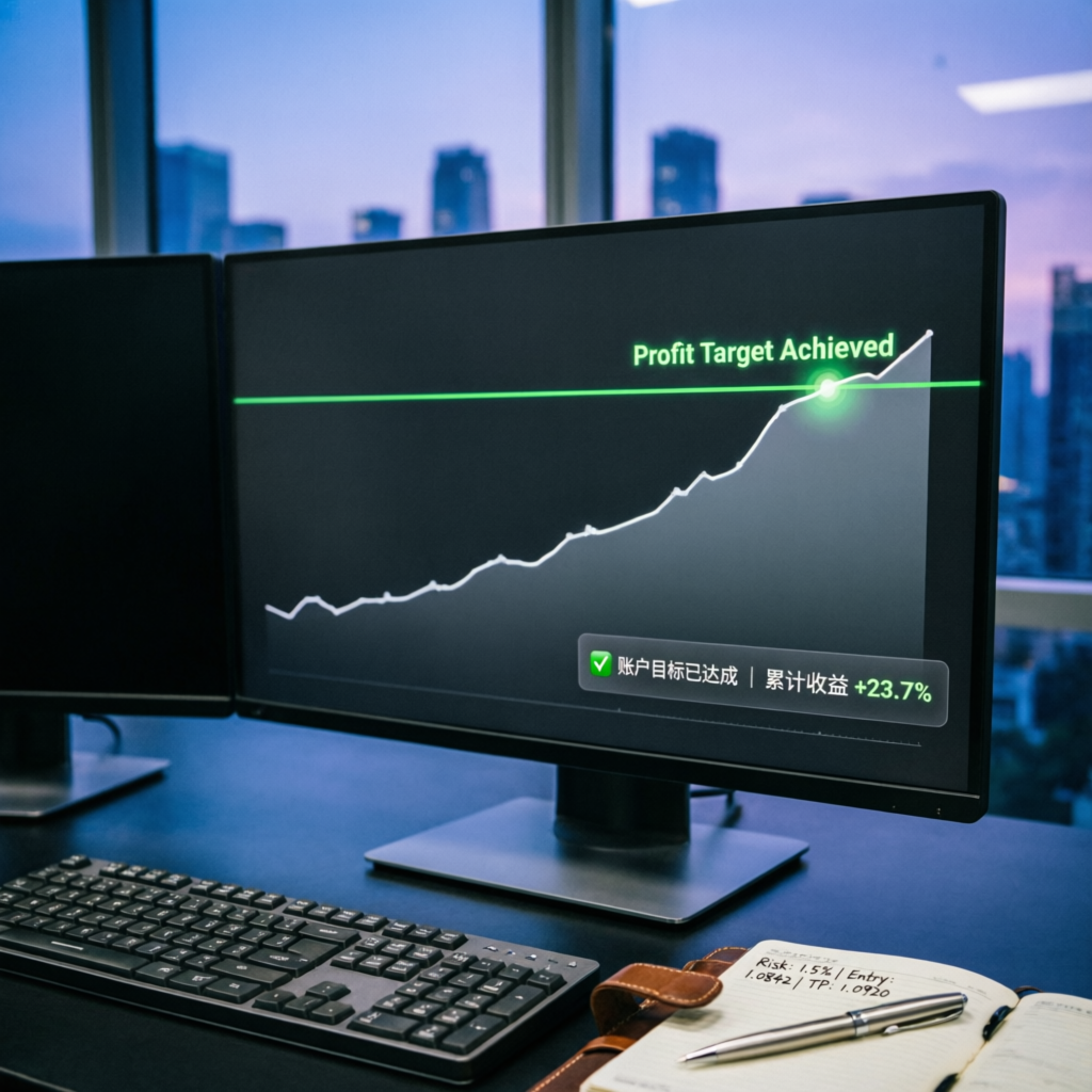 Funded account profit target achieved on trading monitor - PFM Capitals prop firm passing service results