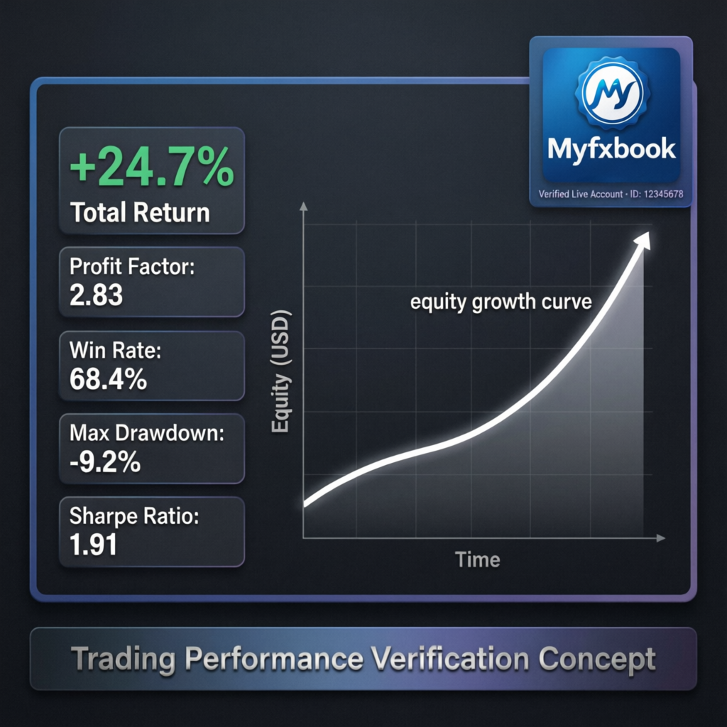 Trading performance verification with Myfxbook showing +24.7% total return - PFM Capitals portfolio results