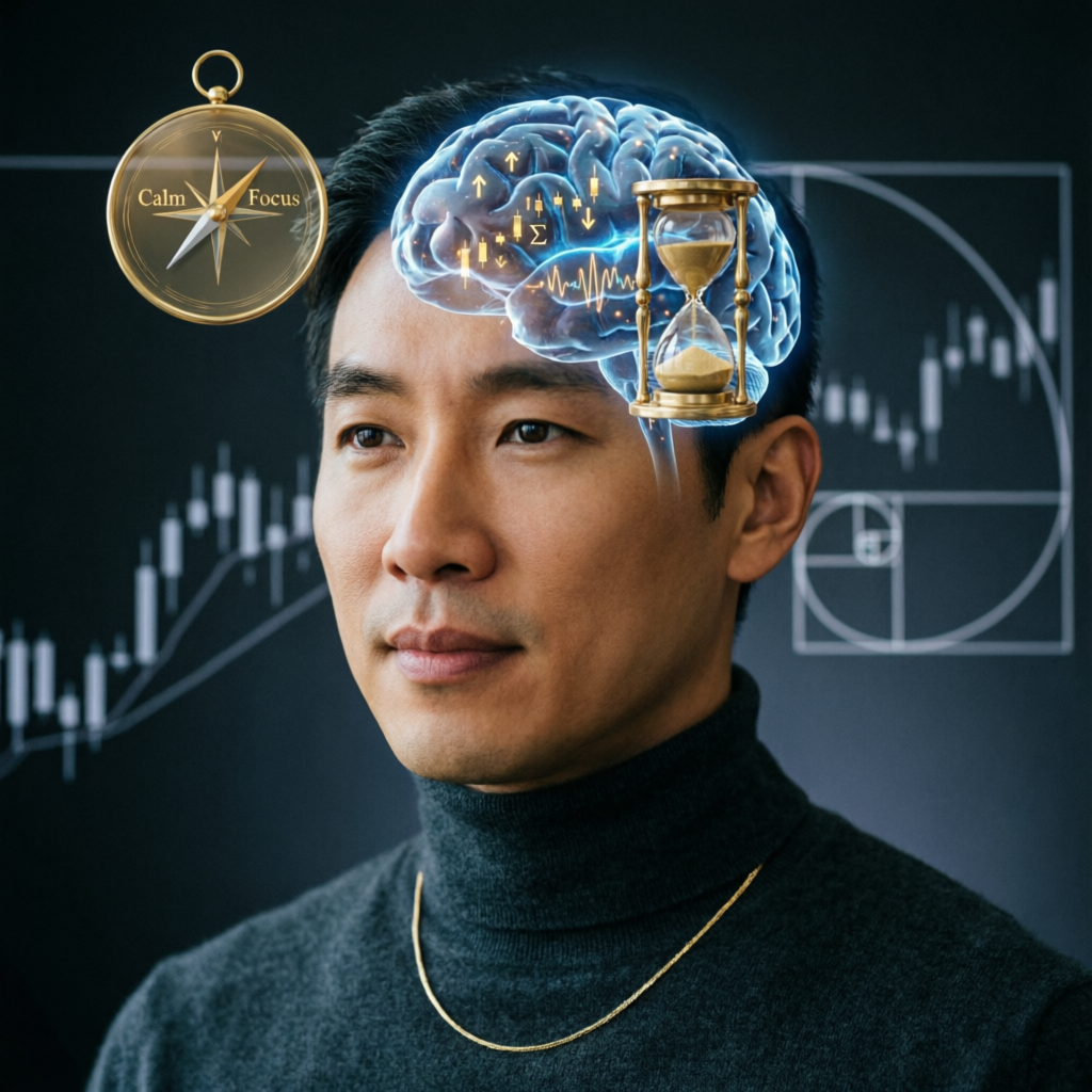 Professional trader psychology concept showing calm focus and analytical thinking - PFM Capitals trading mindset