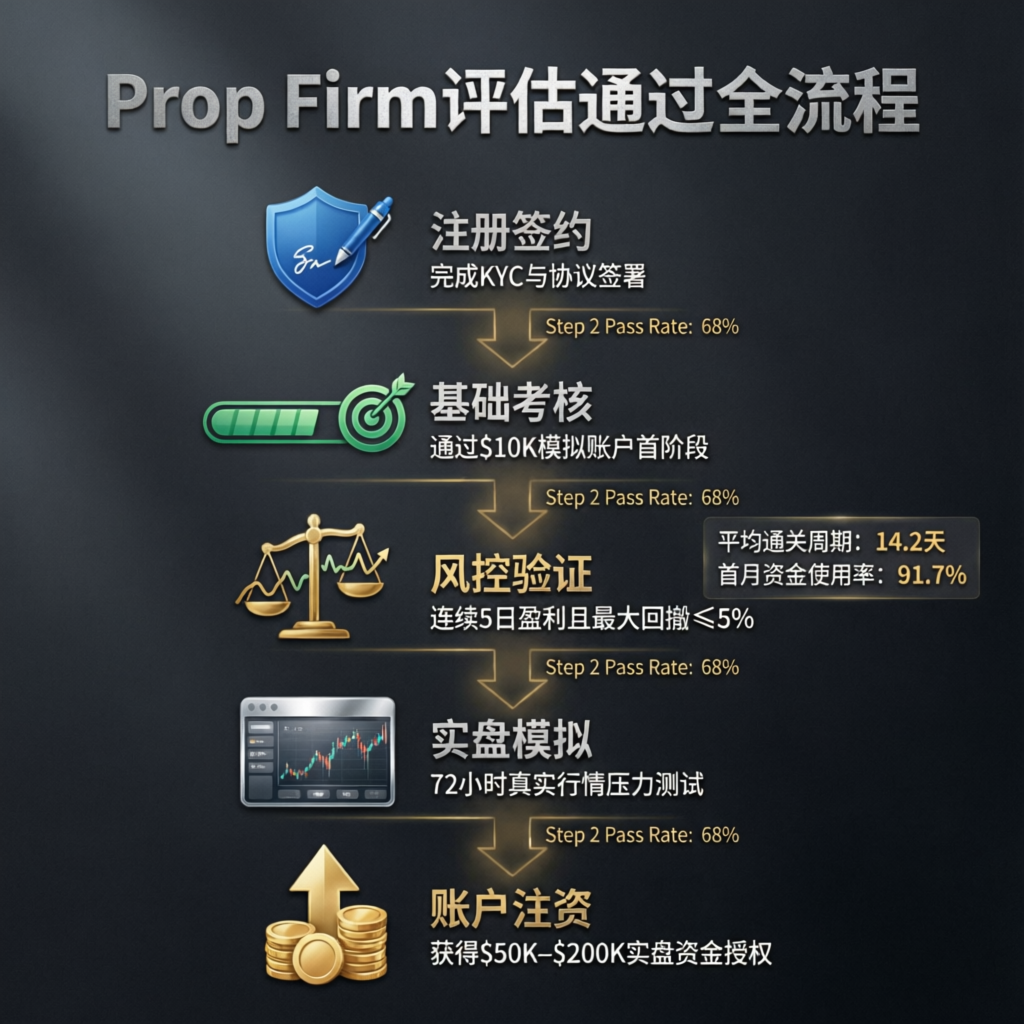 Step by step prop firm evaluation passing process infographic - PFM Capitals prop firm services guide