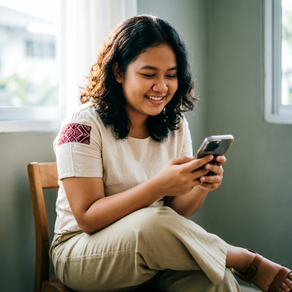 A young Indonesian woman smiling at her phone, feeling supported and safe online.
