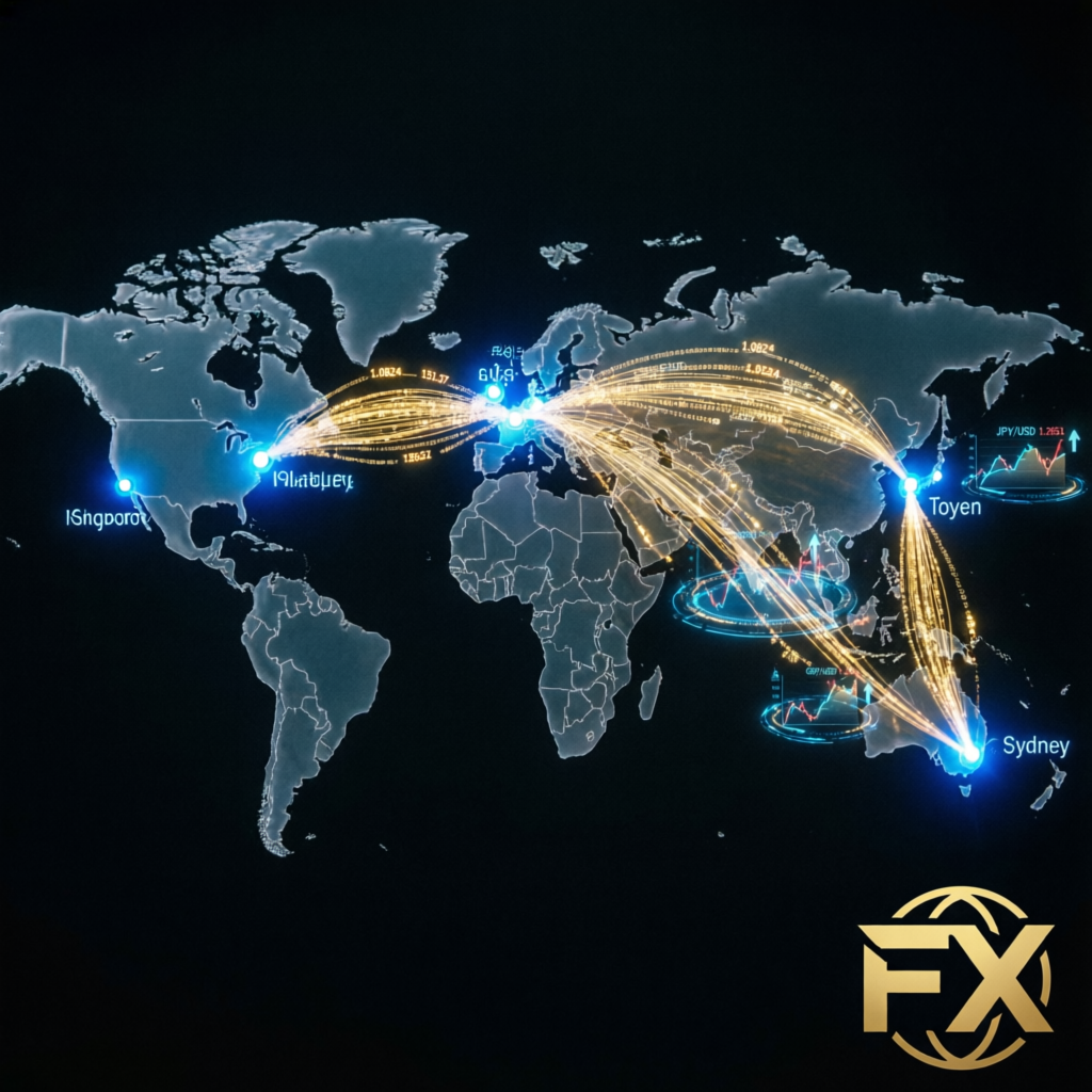Global forex market visualization with trading connections worldwide
