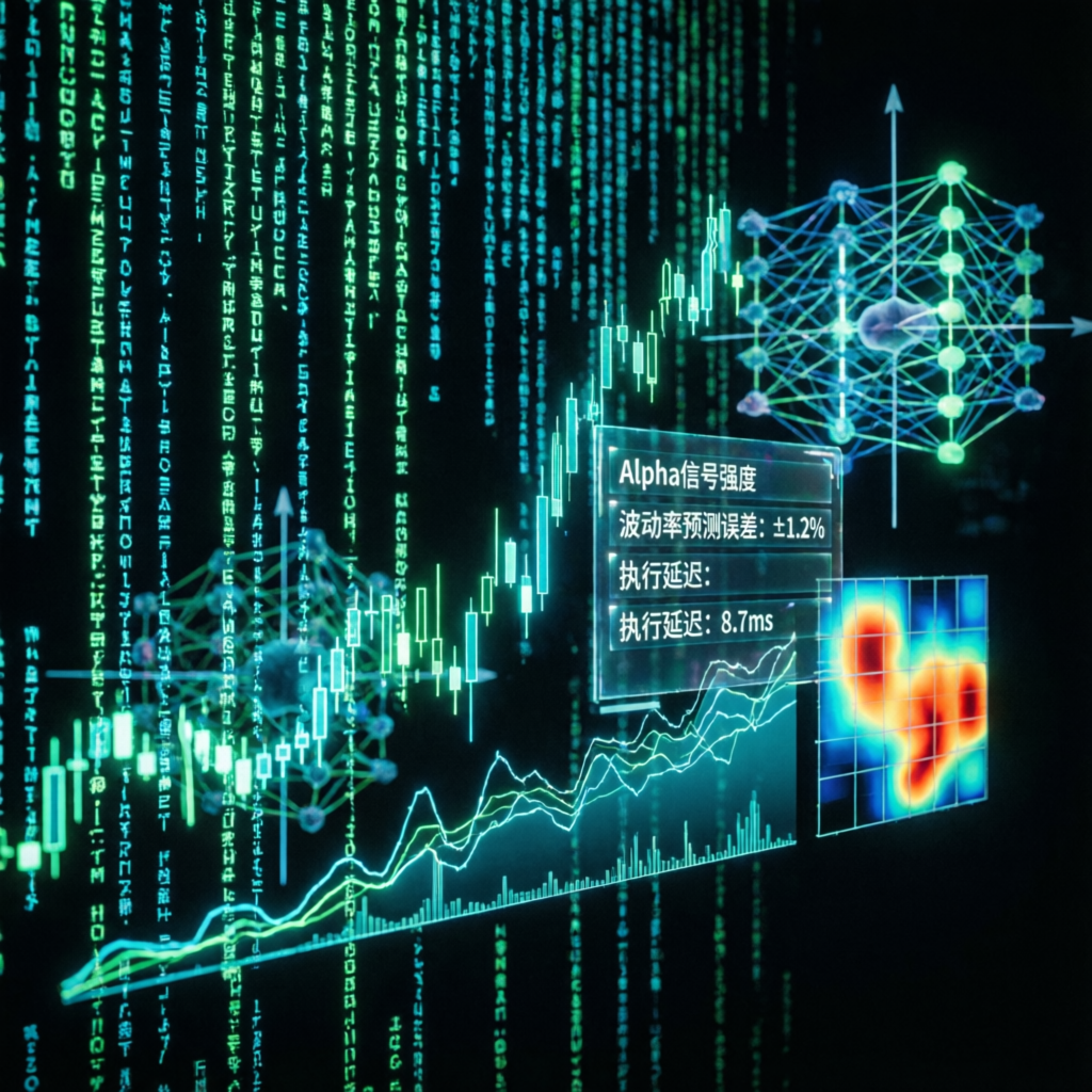 Advanced trading algorithms with matrix-style data flow and financial charts