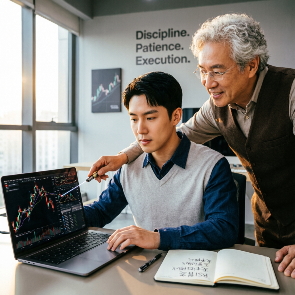 Beginner trader learning prop firm challenge with mentor guidance