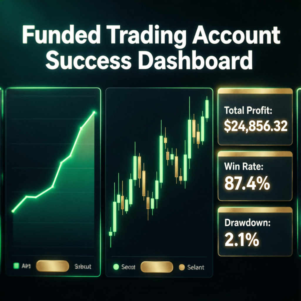 Funded trading account success dashboard with profit charts