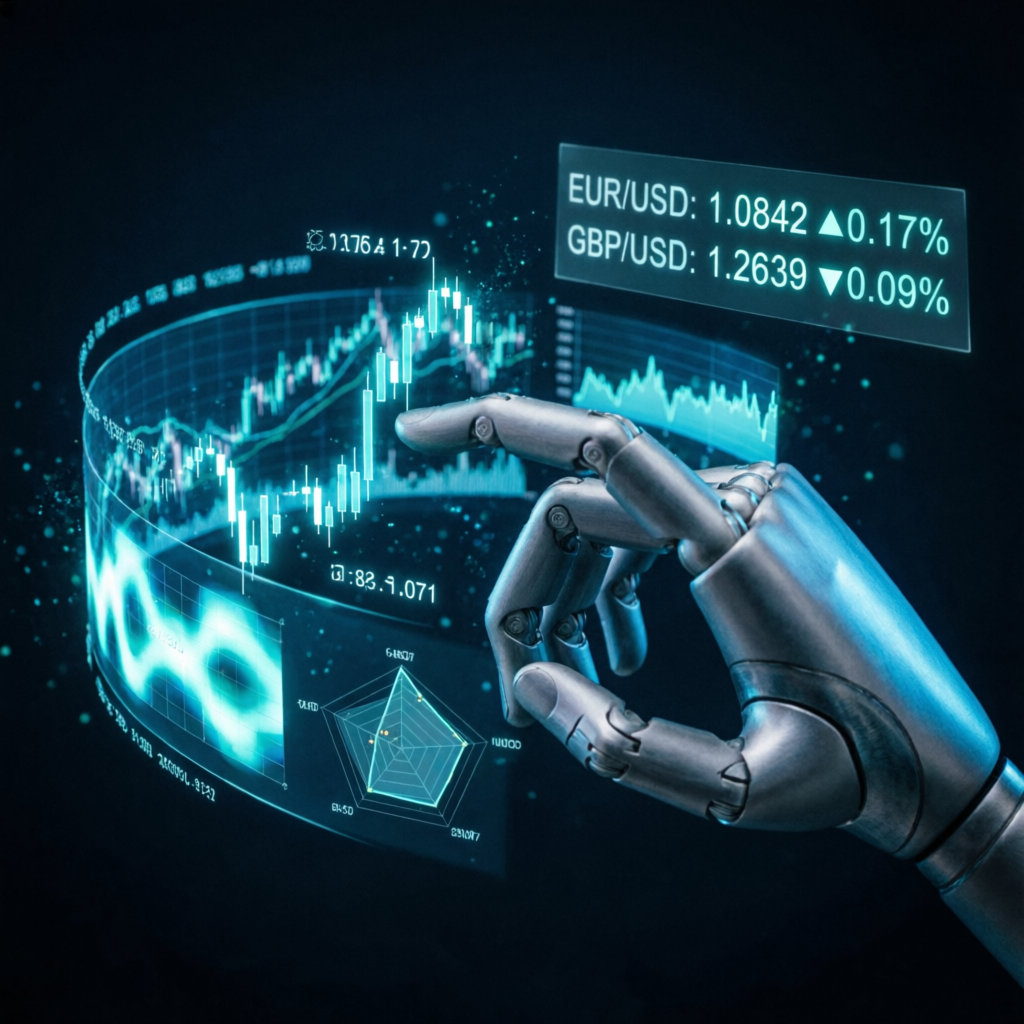 AI robot hand analyzing forex market data with holographic charts