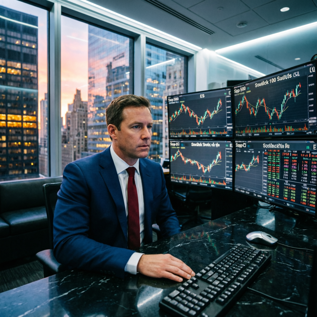 Professional futures trader monitoring multiple contracts