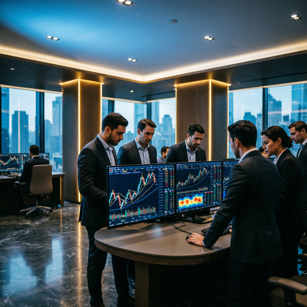 Professional trading team collaborating on strategies