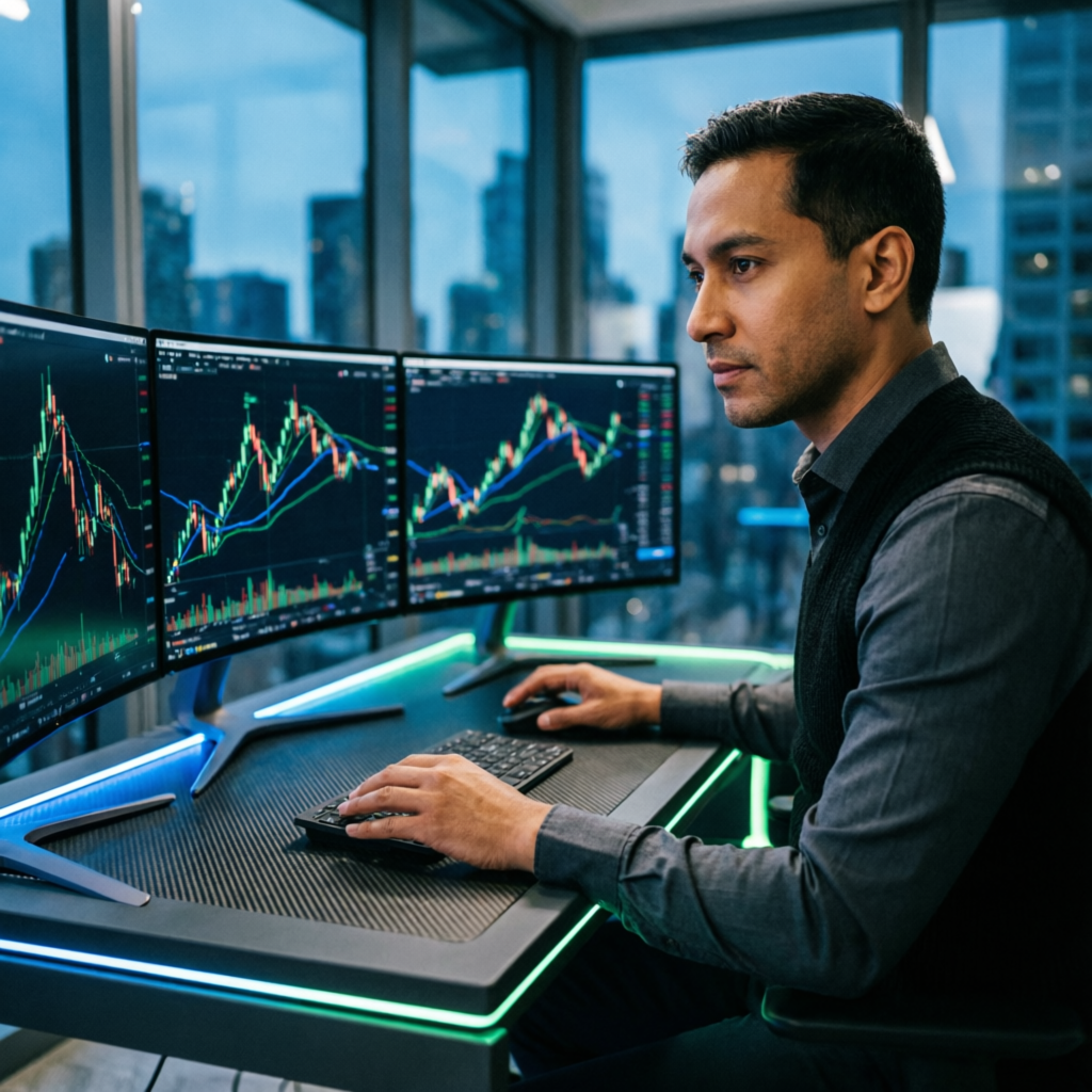 Professional forex trader analyzing Apex Trader Funding charts on multiple monitors