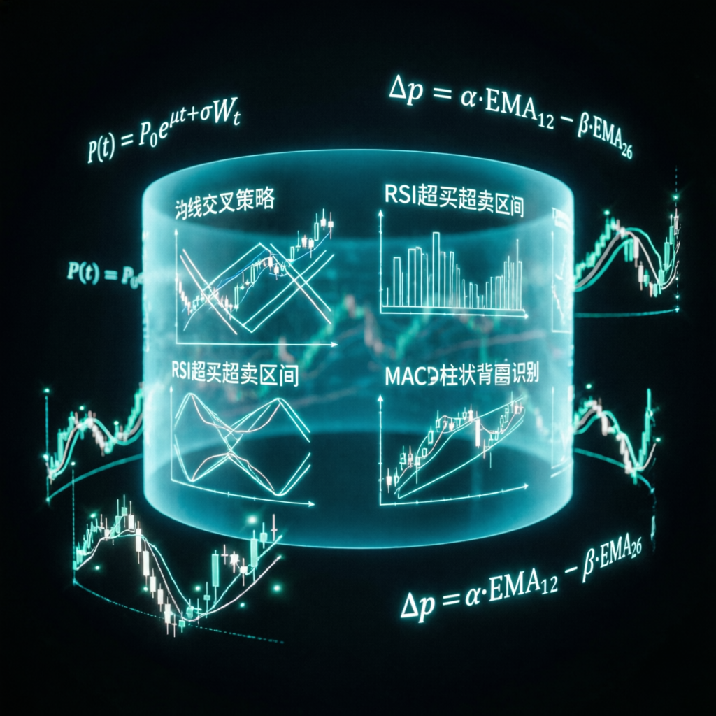 Trading strategy blueprint with technical indicators and mathematical formulas