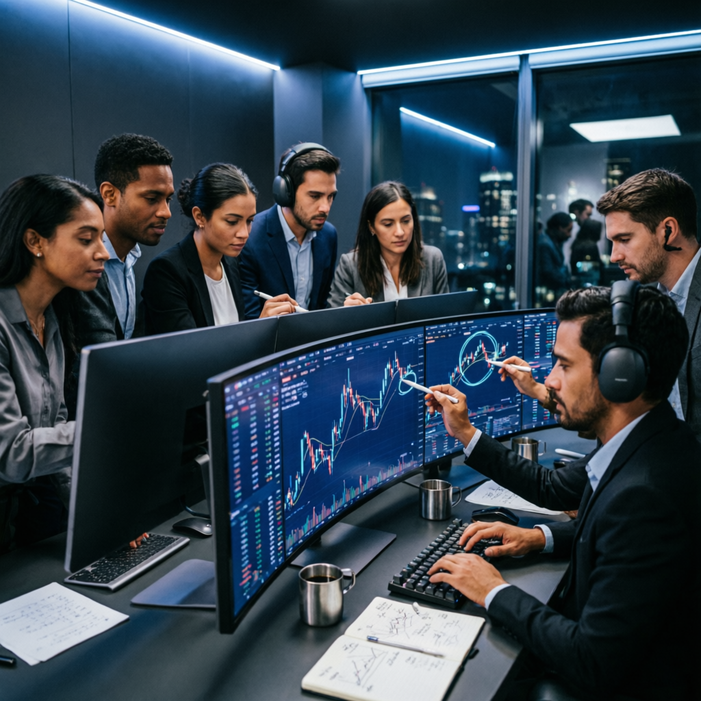 Professional trading team collaborating on Apex Trader Funding strategies