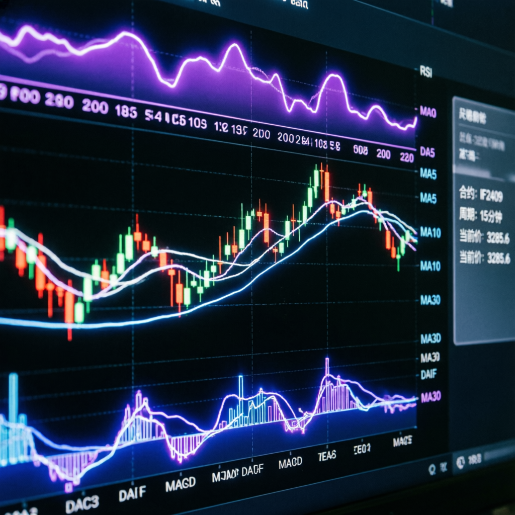Futures trading chart with technical indicators for Apex Trader Funding evaluation