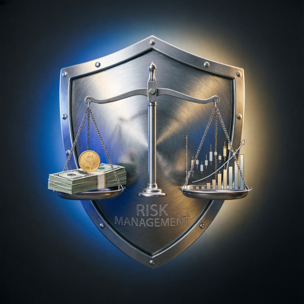 Risk management shield protecting trading capital for prop firm evaluations