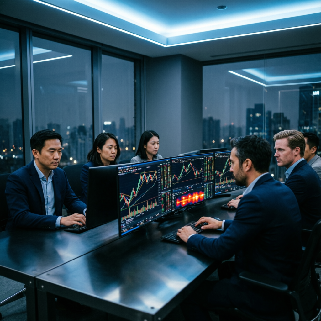 Professional prop trading team analyzing multiple futures prop firm options