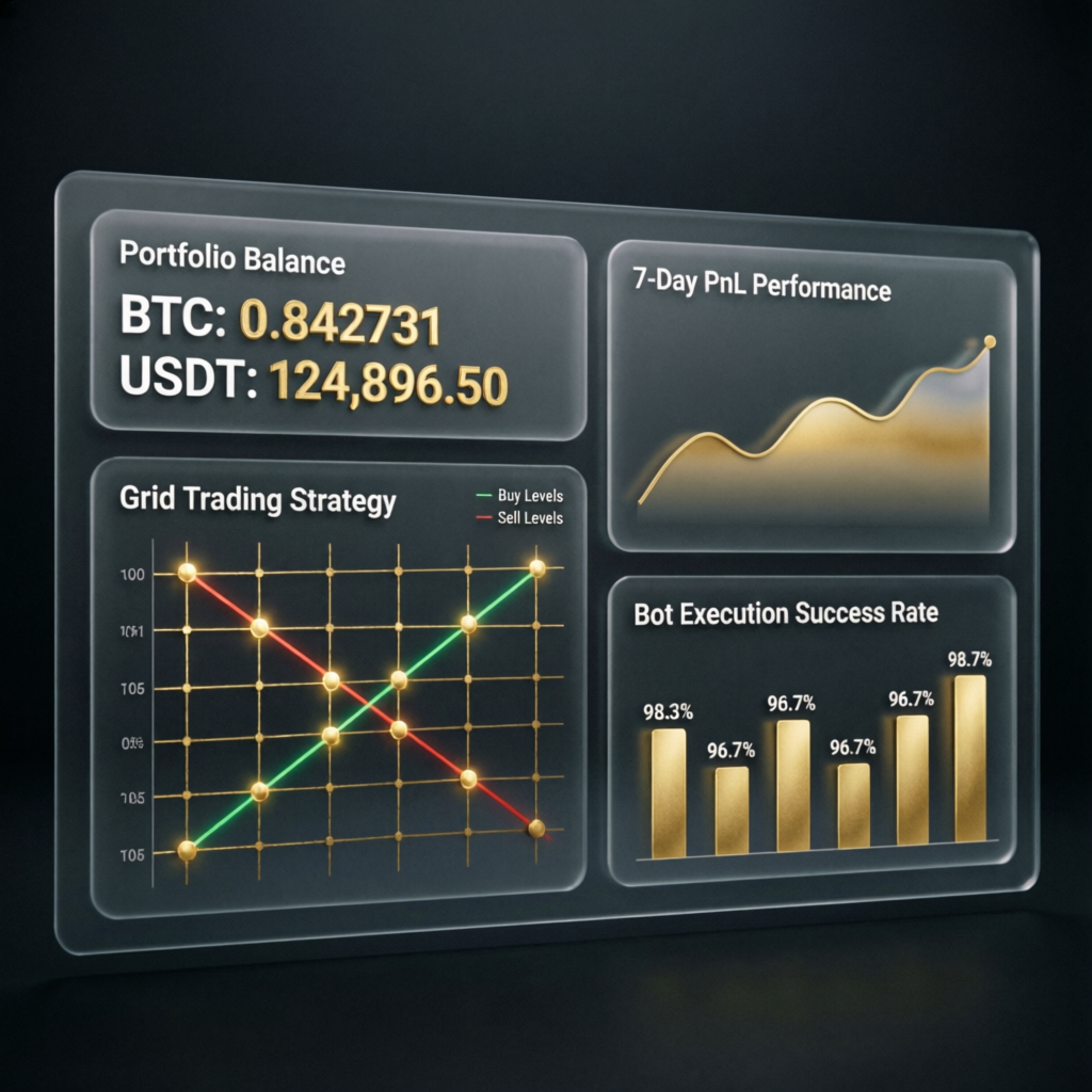 Pionex trading bot dashboard showing portfolio balance, grid trading strategy visualization, 7-day profit and loss performance chart, and bot execution success rate metrics