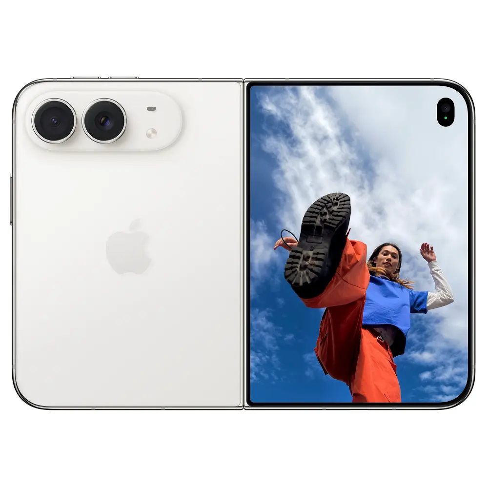 iPhone Duo Star White terbuka datar: punggung dengan dua kamera 48MP dan layar dalam menampilkan foto