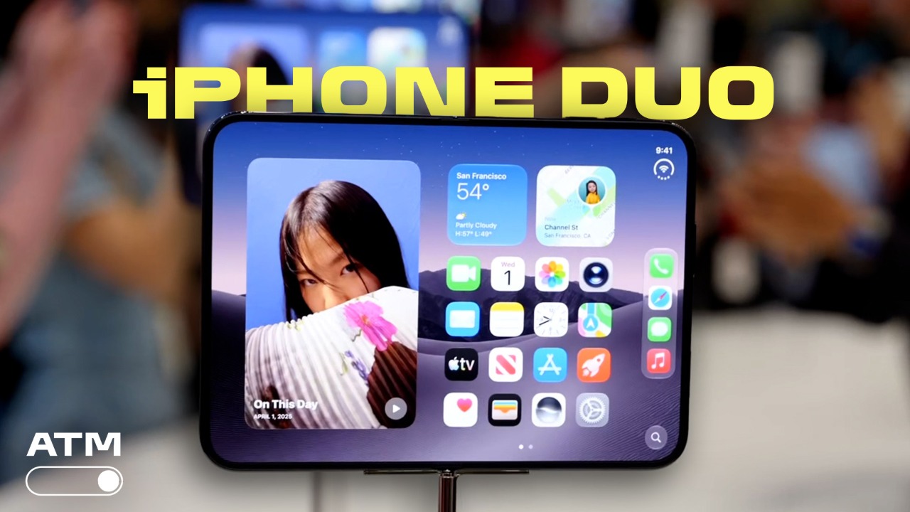 iPhone Duo terbuka menampilkan home screen iOS 27 pada layar dalam