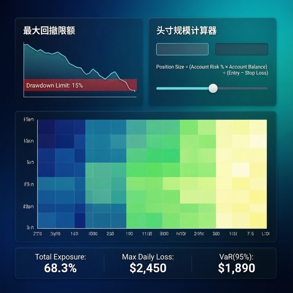 Risk management visualization with drawdown limits and position sizing