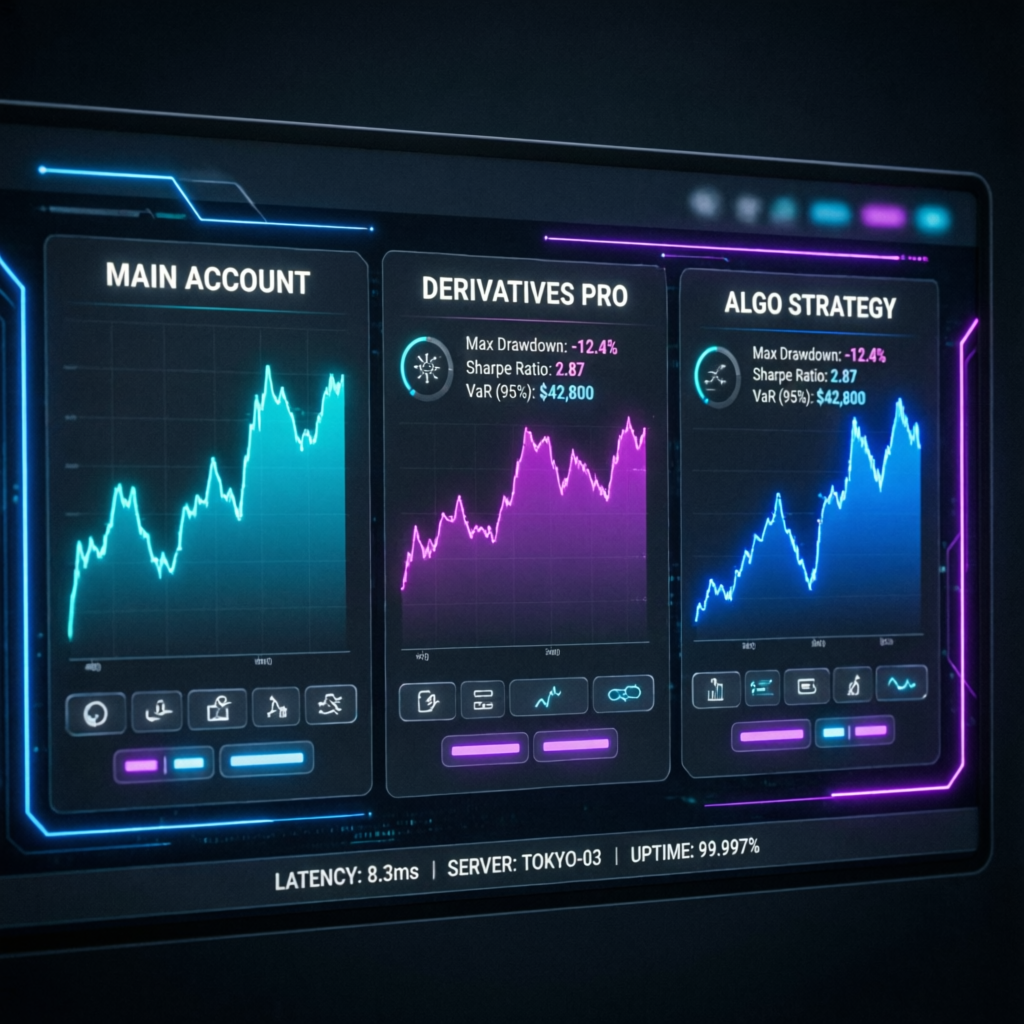 Futuristic prop trading platform interface showing multiple account dashboards