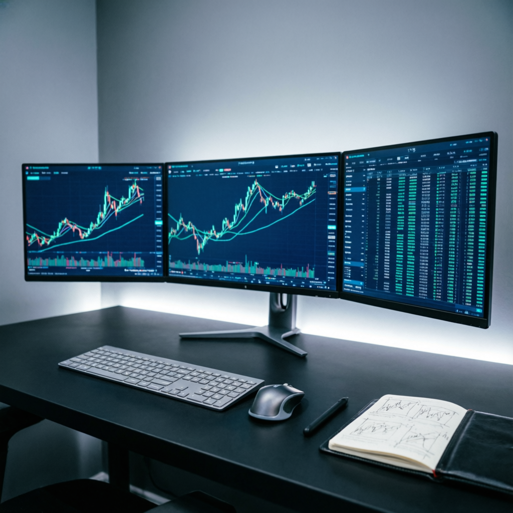 Professional trading desk with multiple monitors showing funded account charts