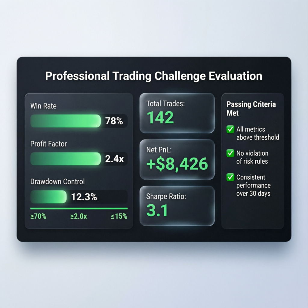 Professional trading challenge evaluation dashboard showing metrics
