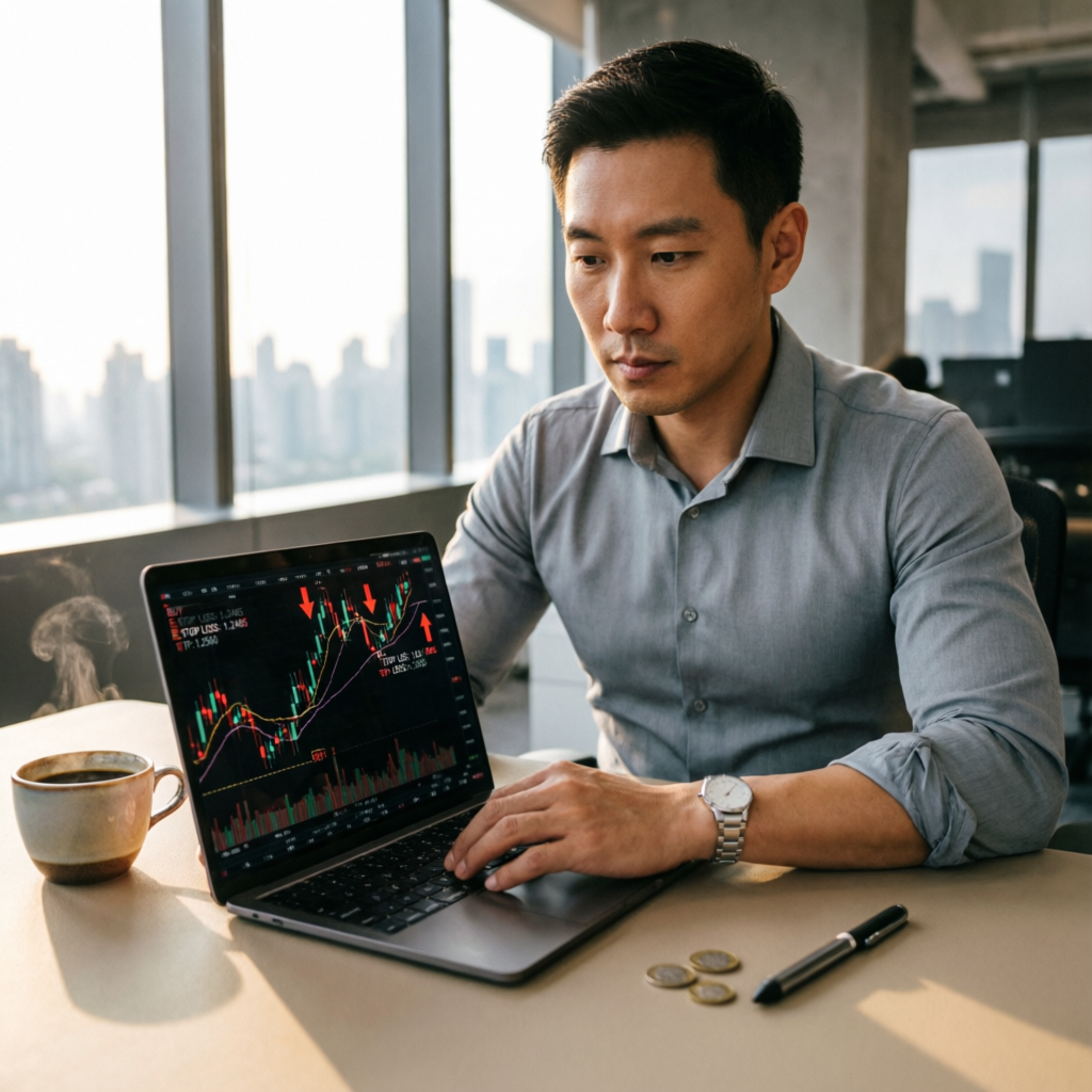Professional trader working with futures and forex charts on laptop