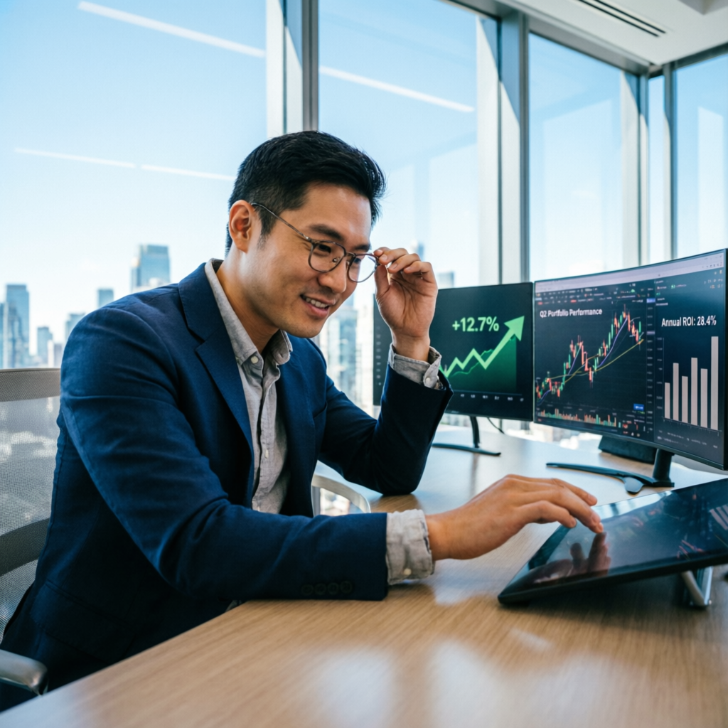 Success celebration with professional trader reviewing profitable trading results