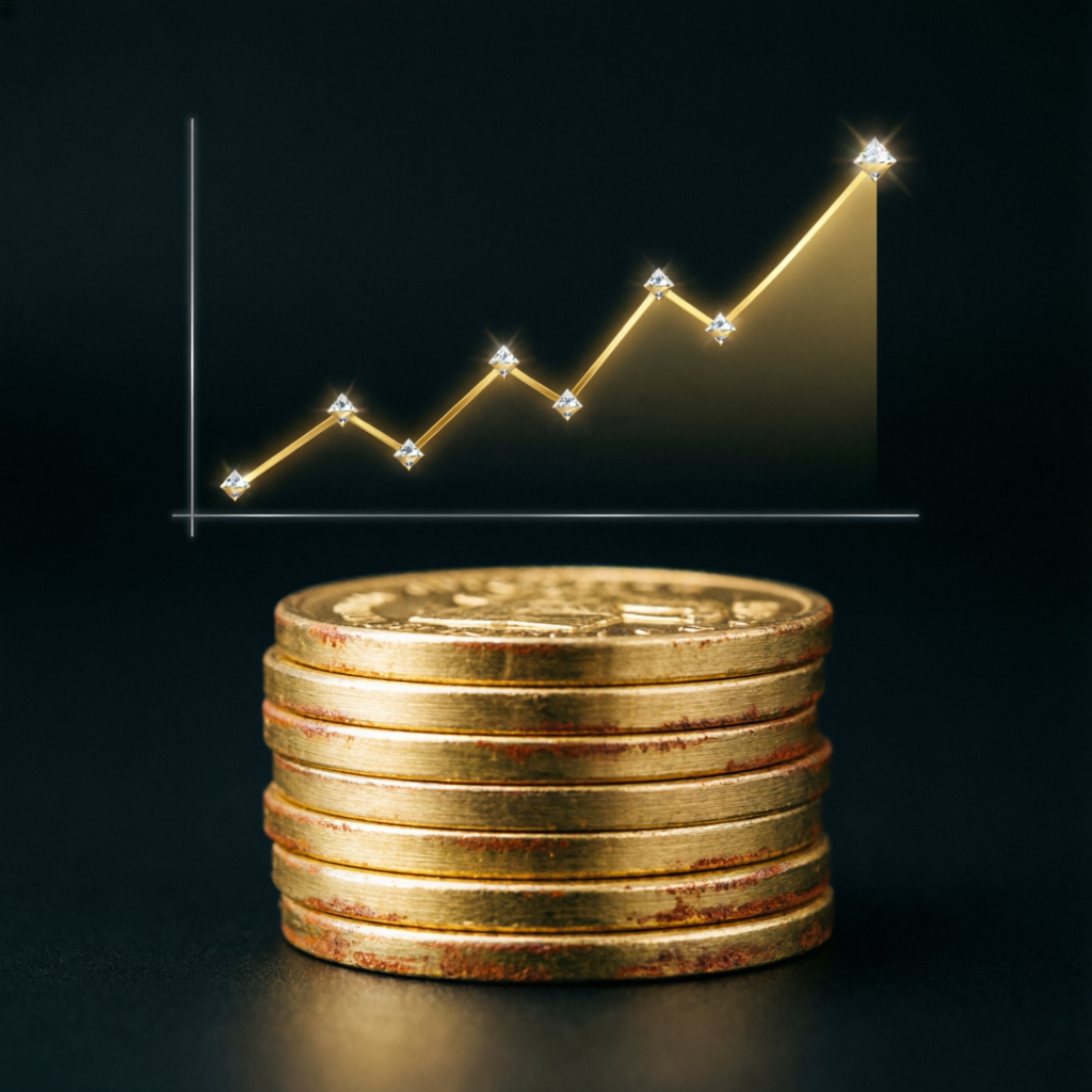 Stack of gold coins with upward trending financial chart representing funded trading success